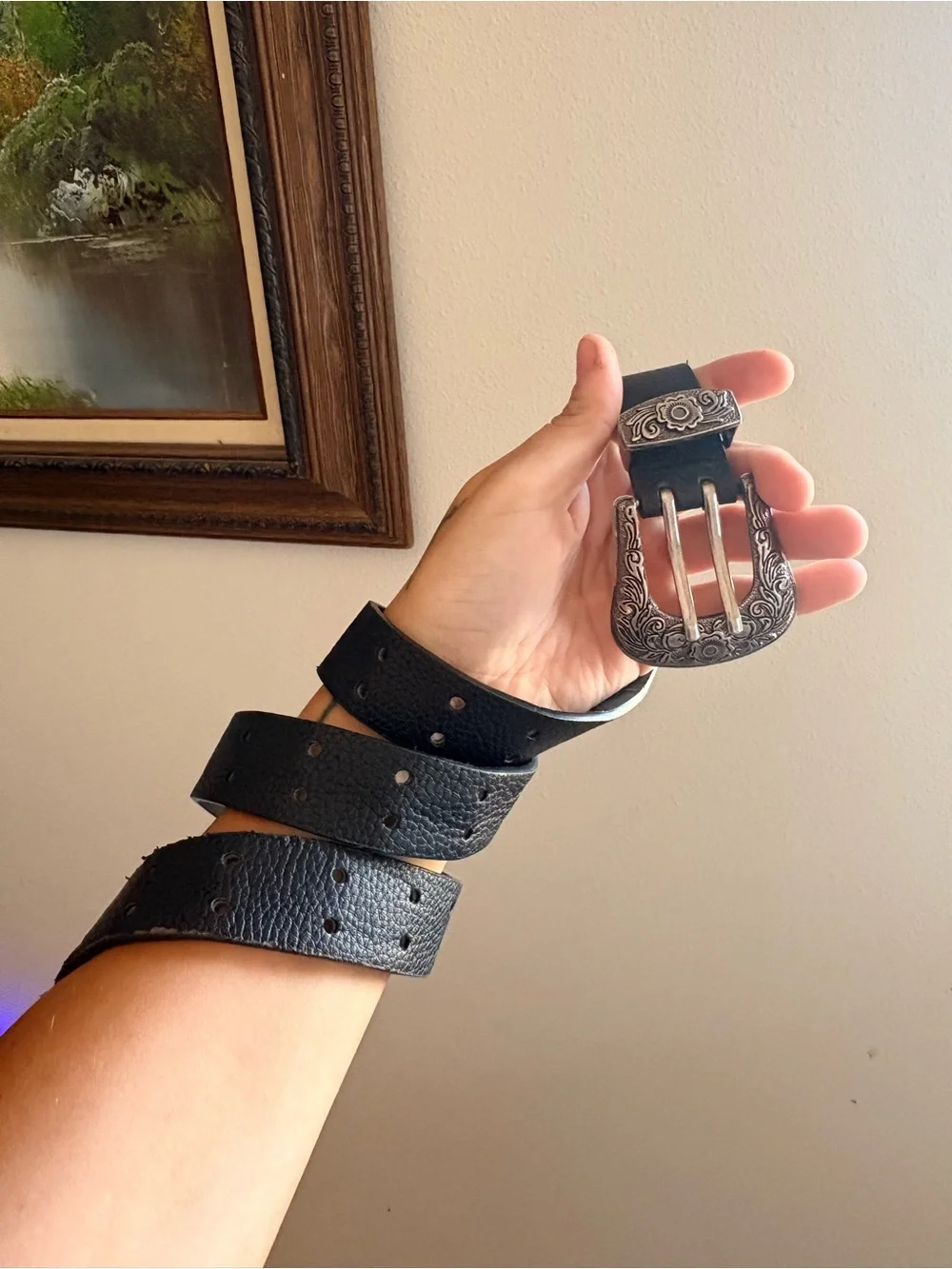 Women's Black Textured Leather Belt with Engraved Silver Buckle